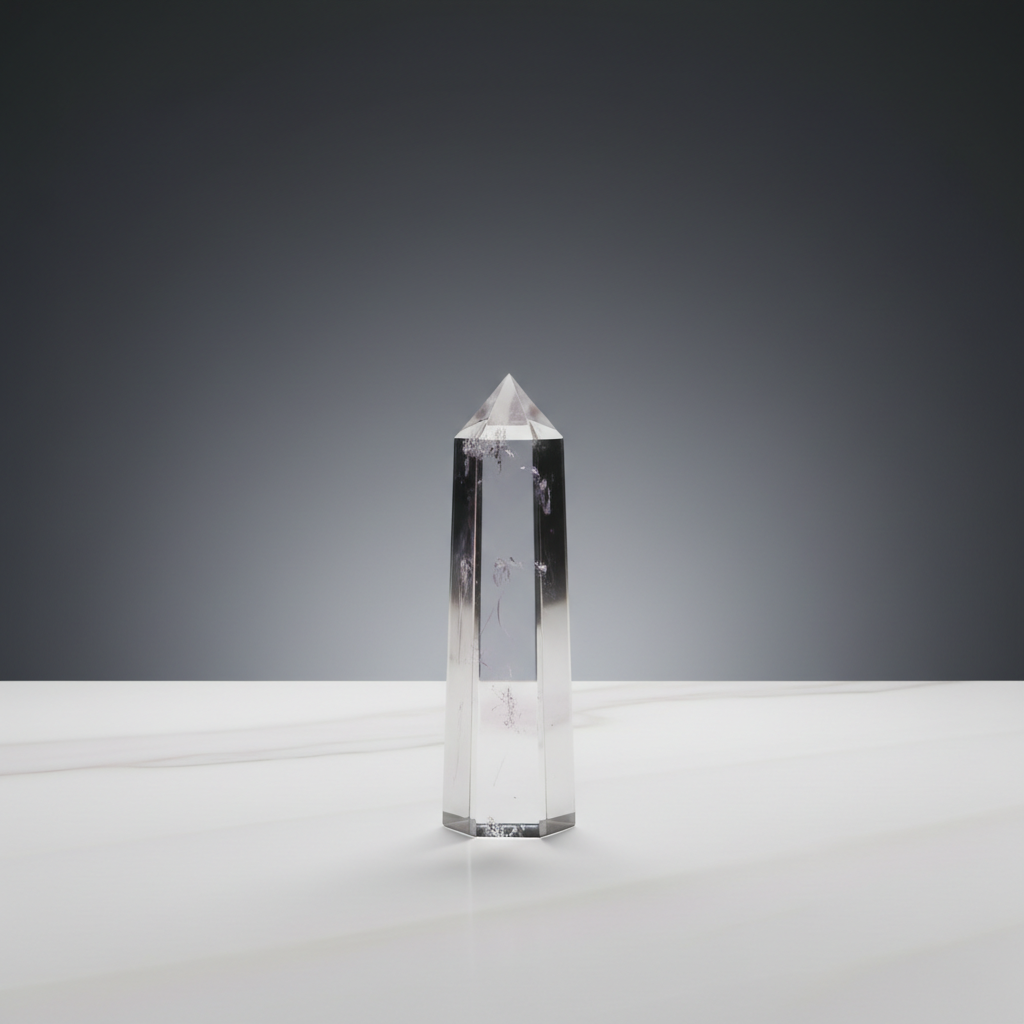 A slender, translucent prism—crafted from clear glass with faint hints of smoky violet and silver—stands upright in the foreground of a pristine, white-onyx surface. Gentle, diffused ambient light flows across the setting, creating understated reflections and soft, elongated shadows that fade into a subtly graded background shifting from pale ash to deep slate. The angle is slightly elevated, with the prism’s crisp edges and pure geometry in sharp focus. The overall atmosphere is serene, thoughtful, and elegant, using minimalist photographic style to visually echo the blog’s exploration of space, time, and purpose in cosmology.