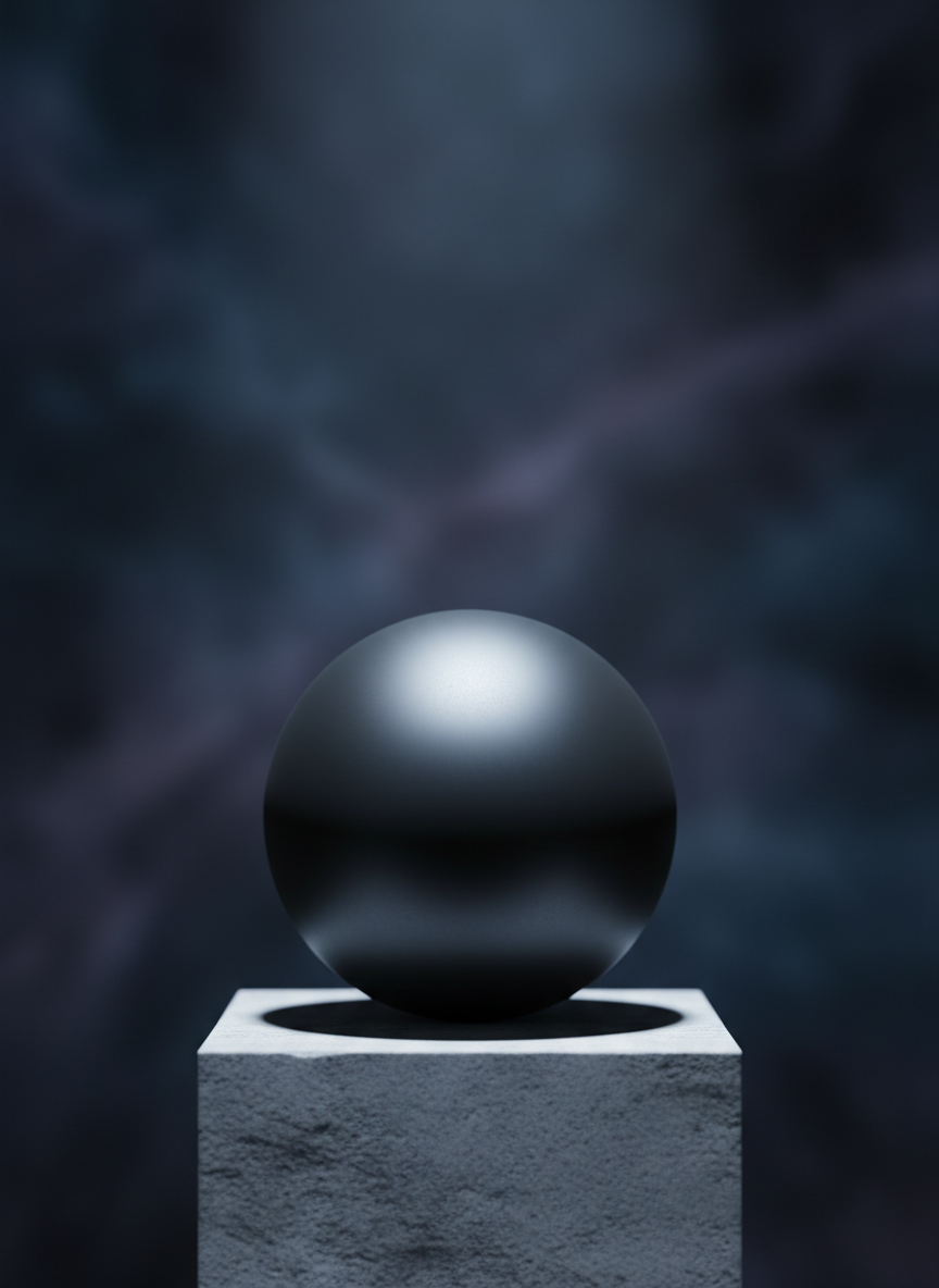 A single flawless obsidian sphere, matte with a subtle satin texture, rests gently atop a minimalist stone plinth in a vast, softly blurred environment suggesting endless space. A controlled spotlight from above bathes the sphere in a restrained gradient of cool gray and steel blue, yielding delicate highlights on its edge and a gentle, elliptical shadow below. The centered composition features sharp focus on the sphere with background fading smoothly. The mood is contemplative and enigmatic, utilizing photographic minimalism to symbolize existential solidity and the structure of cosmic purpose—ideally suited for a sophisticated cosmology blog.